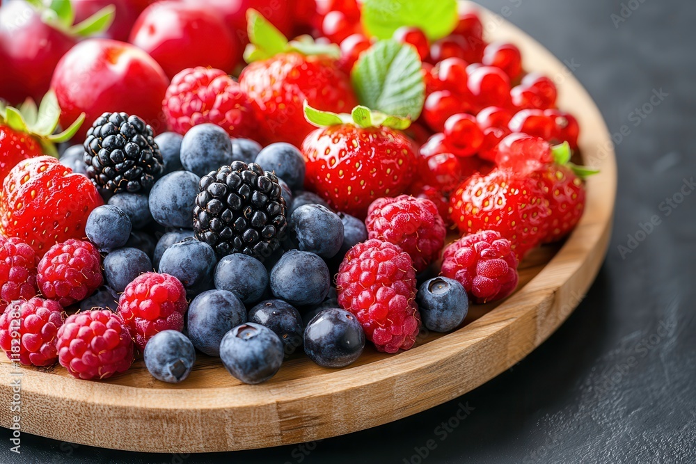 Fresh Summer Berries Arranged on a Wooden Platter Perfect for Healthy Snacking or Dessert Ideas. Generative AI Fresh Summer Berries Arranged on a Wooden Platter Perfect for Healthy Snacking or Dessert Ideas. Generative AI