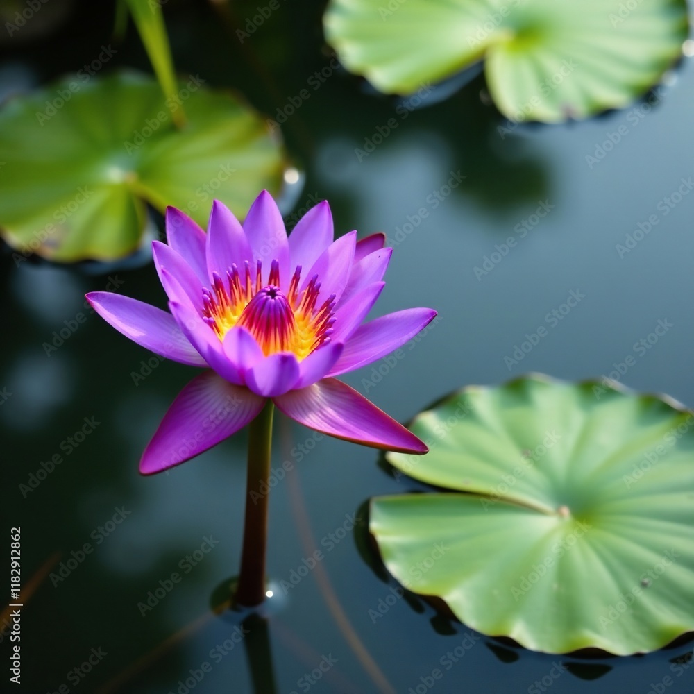A majestic purple water lily blooms above the calm pond waters, Floral Forms, Blooming Plant, Garden Features A majestic purple water lily blooms above the calm pond waters, Floral Forms, Blooming Plant, Garden Features