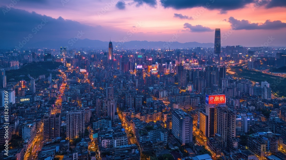 Obraz premium A bustling cityscape illuminated by vibrant billboards and streetlights at night