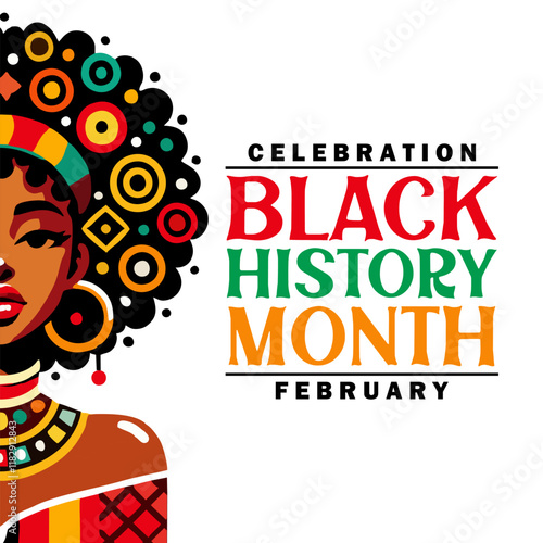 Black History Month celebration. Vector illustration design graphic Black history month with African American woman with Afrocentric patterns. Perfect for cultural and educational materials.
