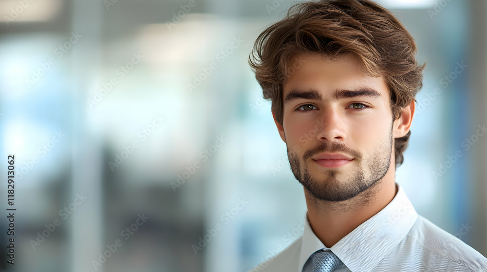 Confident Businessman Poses for a Portrait in Blurred Office Background with a Serious Expression. Confident Businessman Poses for a Portrait in Blurred Office Background with a Serious Expression.