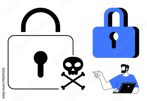 Locked padlocks and skull symbol indicating security and threat. Person at laptop symbolizing cybersecurity efforts. Ideal for data protection, threats, online safety, encryption, hacking, antivirus