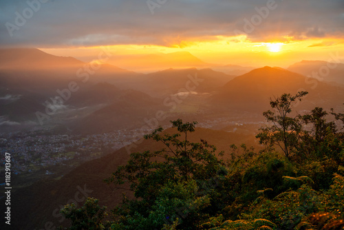 Color stock image of Nepal, Pokhara. Sarangkot sunrise photo