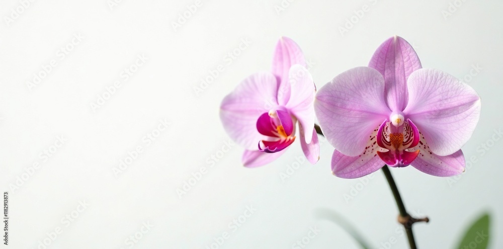 Delicate Phalaenopsis orchid blooms on a clean white background, greenery, nature Delicate Phalaenopsis orchid blooms on a clean white background, greenery, nature