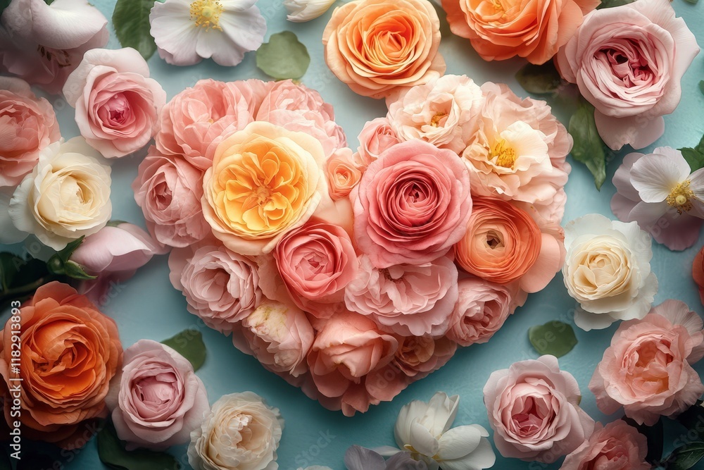 A vibrant heart crafted from colorful flowers rests elegantly on a serene blue backdrop, celebrating love's beauty and warmth. A vibrant heart crafted from colorful flowers rests elegantly on a serene blue backdrop, celebrating love's beauty and warmth.