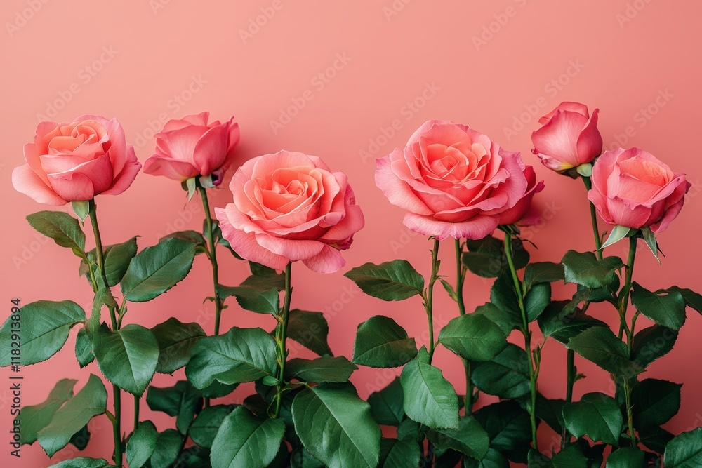 A charming display of pink roses elegantly arranged in a delicate vase, set against a dreamy pink backdrop, perfect for celebrating love on Valentine's Day. A charming display of pink roses elegantly arranged in a delicate vase, set against a dreamy pink backdrop, perfect for celebrating love on Valentine's Day.