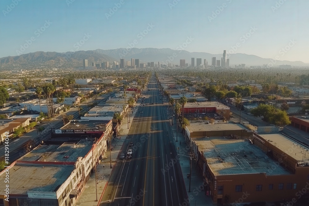 Fototapeta premium A drone view of Los Angeles downtown with the mountains in the distance
