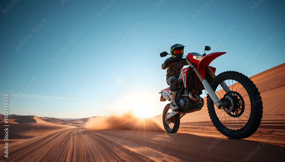 Motorcycle, offroad driving and air jump in desert, blue sky and freedom. Driver, cycling and power stunt on dirt track, competition and motorbike performance on adventure course for fast action sho Motorcycle, offroad driving and air jump in desert, blue sky and freedom. Driver, cycling and power stunt on dirt track, competition and motorbike performance on adventure course for fast action sho