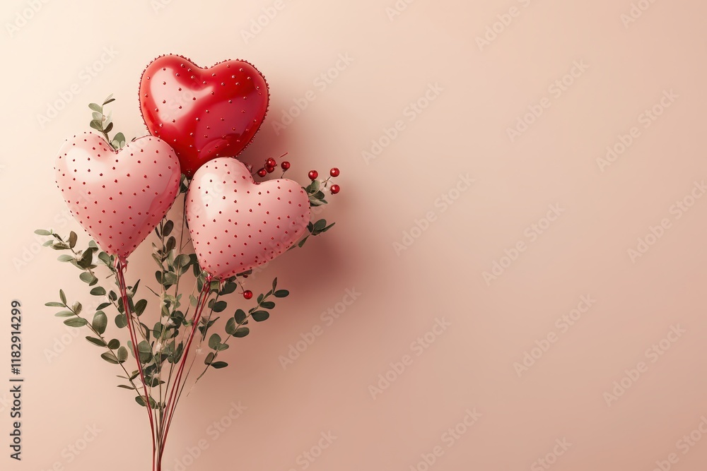 Three vibrant red heart-shaped balloons dangle from a delicate branch, symbolizing love and joy in the air, perfect for celebrating Valentine's Day. Three vibrant red heart-shaped balloons dangle from a delicate branch, symbolizing love and joy in the air, perfect for celebrating Valentine's Day.