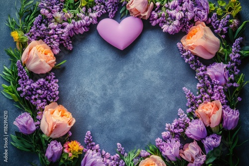 A vibrant purple heart nestled amidst delicate flowers and lush greenery, all set against a calming blue backdrop, celebrating love's beauty this Valentine's Day.