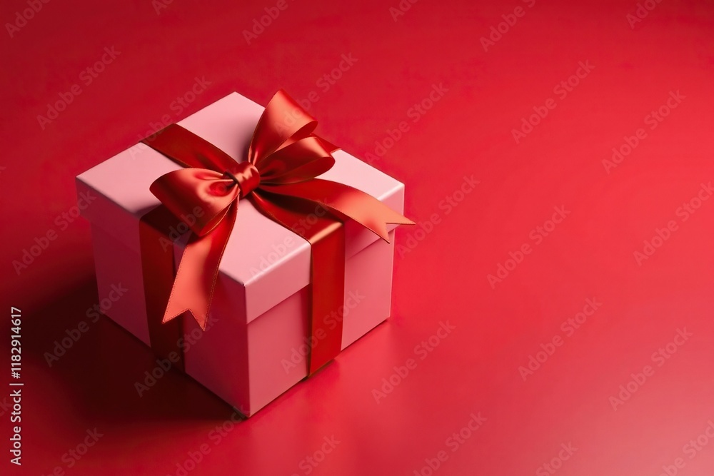 Obraz premium Elegant gift box with red ribbons on a crimson background, red ribbon, decorative gift, gift wrapping
