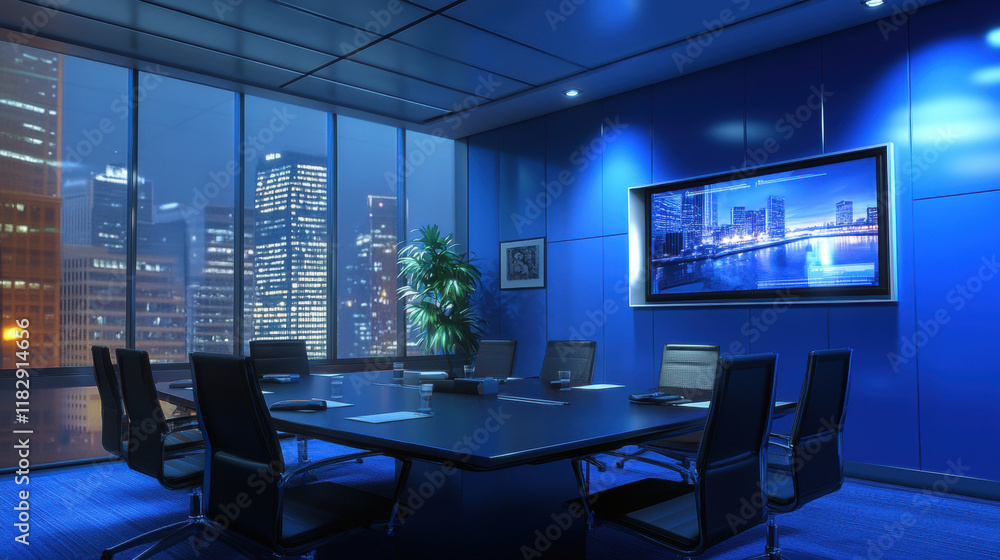 modern conference room with large table, chairs, and city skyline view at night. blue lighting creates professional atmosphere, ideal for meetings modern conference room with large table, chairs, and city skyline view at night. blue lighting creates professional atmosphere, ideal for meetings