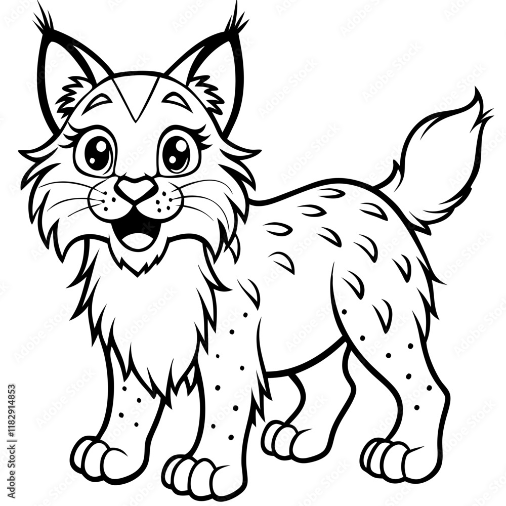 Cute cartoon lynx vector illustration, black and white, joyful kids' coloring page.