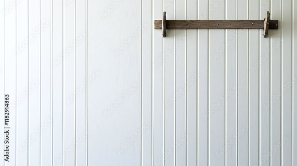 soft gray cottage wall with vertical tongue and groove paneling and wooden coat rack. minimalist design creates calm and inviting atmosphere