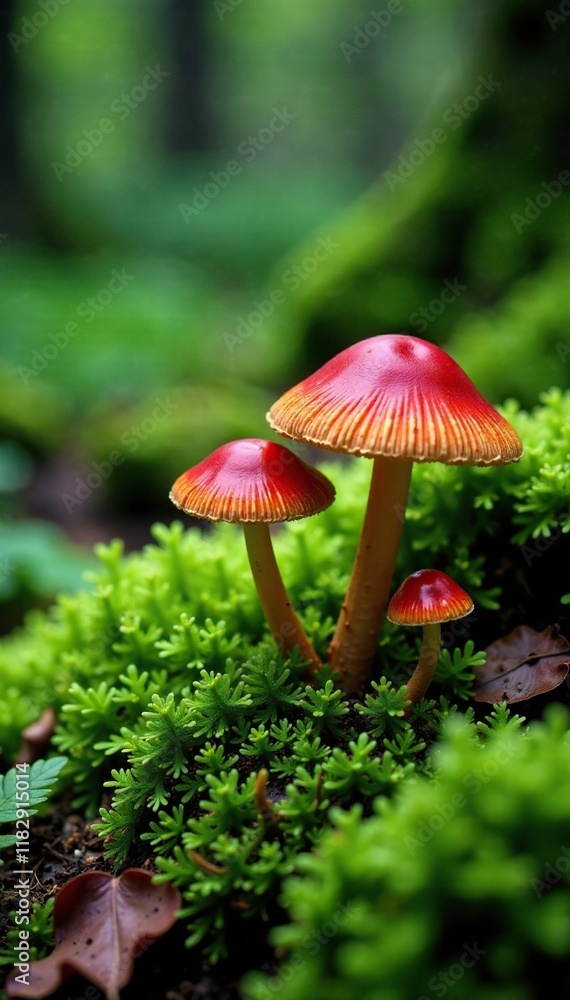 Fototapeta premium Forest floor moss carpeted with red caps of fungi, foliage, ferns, woods