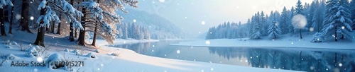 Frosty forest landscape with snowflakes falling gently on trees and frozen lake in background, icy, coldclimate photo