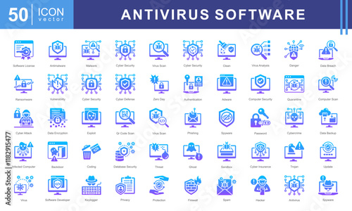 Antivirus Software icon set of Virus Scanning, Antivirus Software, Real-Time Protection, Virus Remover and Malware Detection.