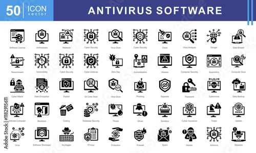 Antivirus Software icon set of Virus Scanning, Antivirus Software, Real-Time Protection, Virus Remover and Malware Detection.
