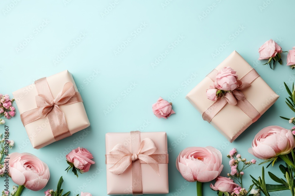 Two charming pink gifts adorned with delicate bows and vibrant flowers rest against a serene blue backdrop, radiating love and joy for Valentine's Day.
