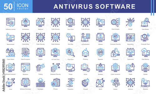 Antivirus Software icon set of Virus Scanning, Antivirus Software, Real-Time Protection, Virus Remover and Malware Detection.