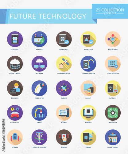 Future Technology rounded icons set. contain bot, blockchain, signal, fiber, cloud, chatbot, chip, server and more. Vector EPS 10 for print, digital UI, UX kit, web, app for technology, education.