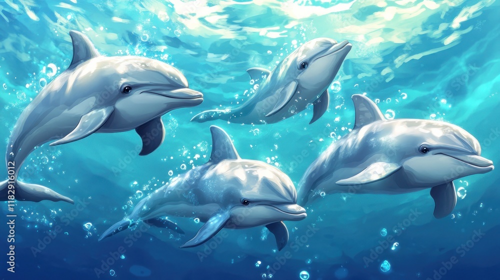 Fototapeta premium Four dolphins swimming underwater.