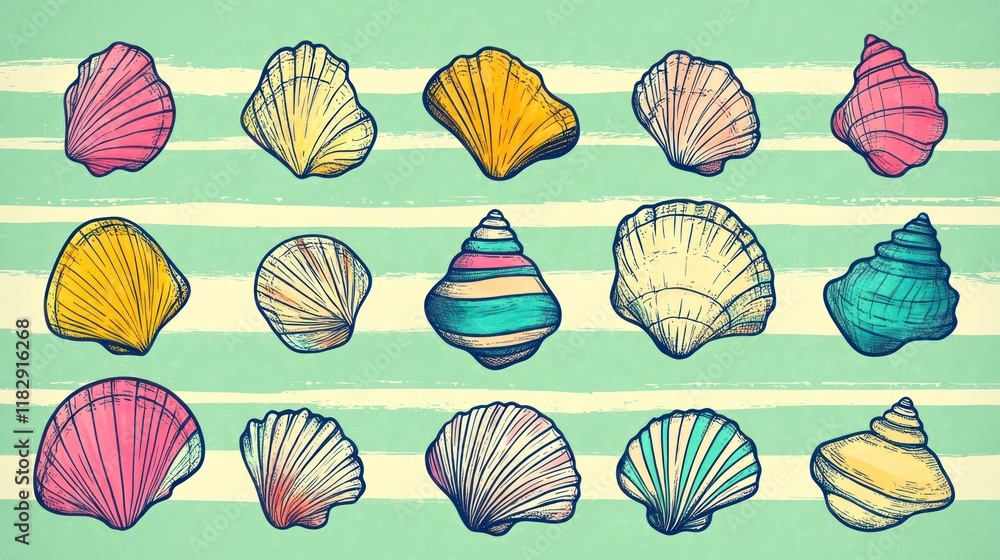 Collection of colorful seashells on striped background. Collection of colorful seashells on striped background.
