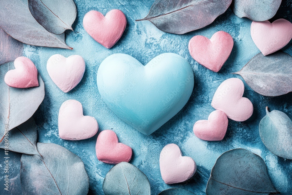 Fototapeta premium A cascade of vibrant hearts adorns a serene blue surface, radiating warmth and affection, perfect for celebrating love on Valentine's Day.