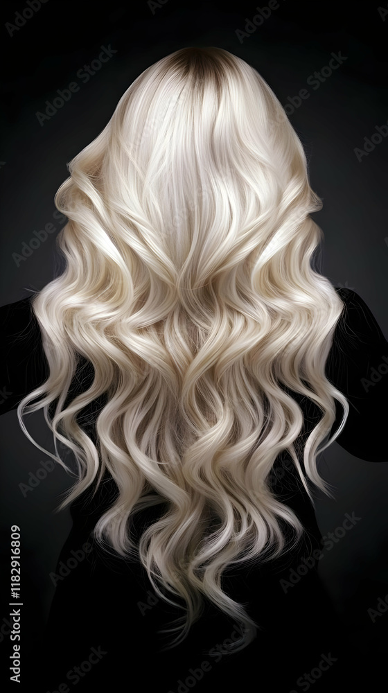 Long Blonde Wavy Hair Flows Down a Woman's Back Gracefully Against a Dark Background Long Blonde Wavy Hair Flows Down a Woman's Back Gracefully Against a Dark Background