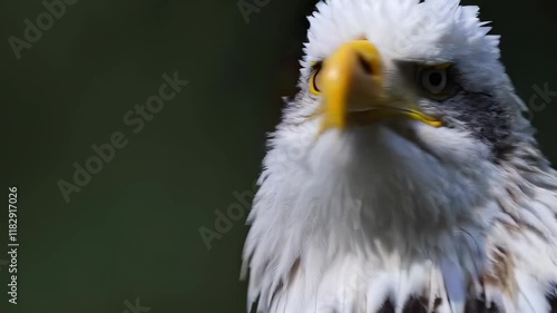 A close-up of a bald eagle with sharp focus on its piercing gaze and feathers photo