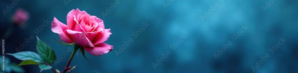 Pink rose unfurls its delicate petals in a blue atmospheric backdrop, flowers, landscape Pink rose unfurls its delicate petals in a blue atmospheric backdrop, flowers, landscape