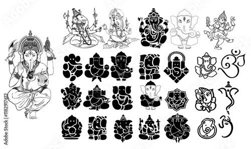 Divine Ganesha Icon Collection: An array of detailed line art and silhouette depictions of Ganesha, the Hindu deity of wisdom, prosperity, and good fortune, in various poses and styles