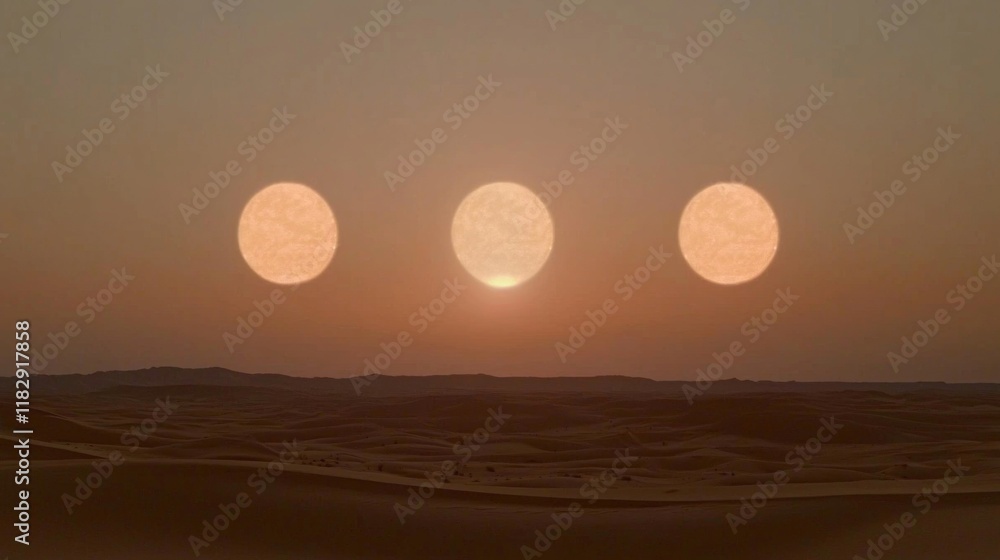 Obraz premium Three Suns Setting Over a Desert Landscape Under a Colorful Sky at Dusk