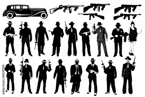 Vintage Gangsters and Weapons: An artistic representation of vintage gangsters and their arsenal, offering a glimpse into a bygone era of mystery, power, and organized crime.