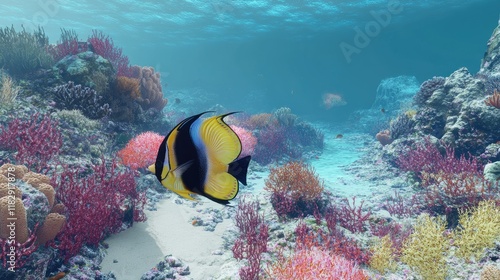 A beautiful butterflyfish navigating through a vibrant coral reef, with a clear blue ocean background showcasing the beauty of marine life. photo