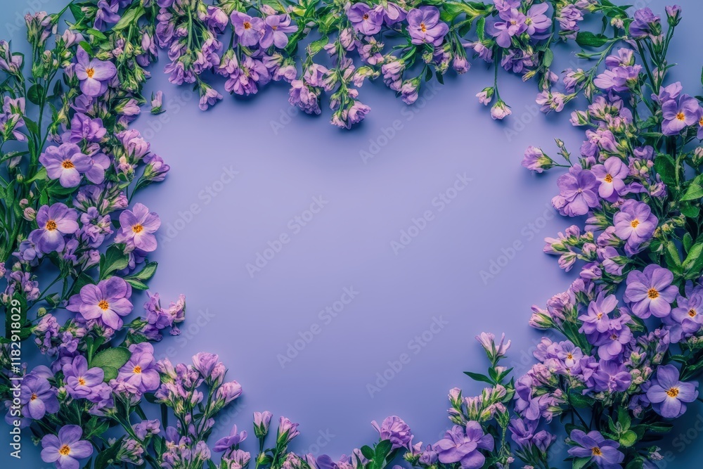 A stunning heart of purple flowers blooms against a serene blue backdrop, evoking romance and beauty perfect for Valentine's Day celebration.