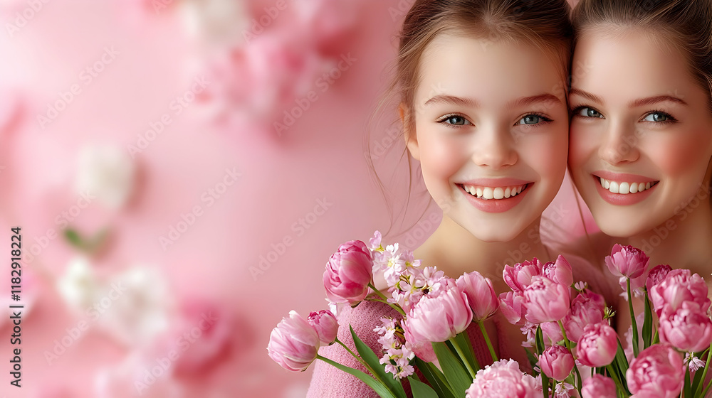 Happy Family Holding Pink Tulips and Smiling on a Pink Background with Soft Focus Effect Happy Family Holding Pink Tulips and Smiling on a Pink Background with Soft Focus Effect