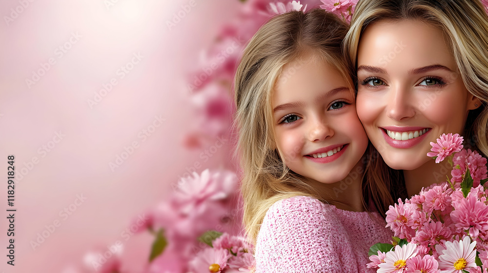 Smiling Mother and Daughter with Pink Flowers create a heartwarming portrait sweetly. Smiling Mother and Daughter with Pink Flowers create a heartwarming portrait sweetly.