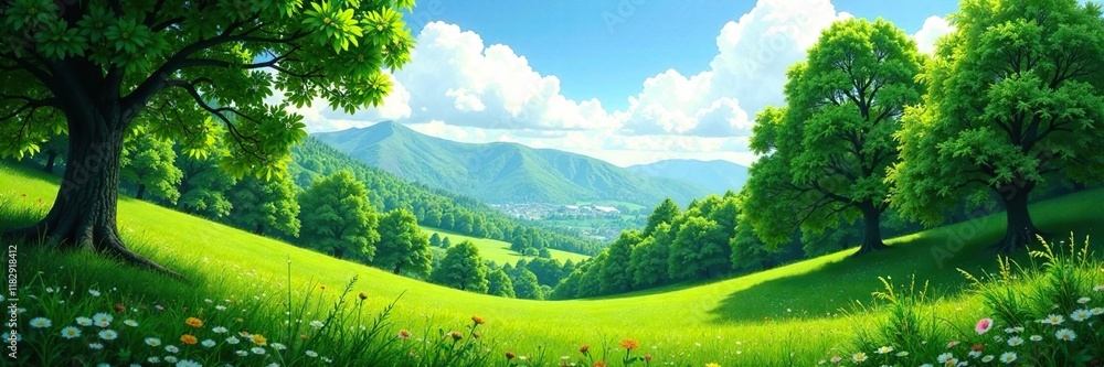 Obraz premium Serene green valley with towering trees and a clear sky, foliage, green, cloudless