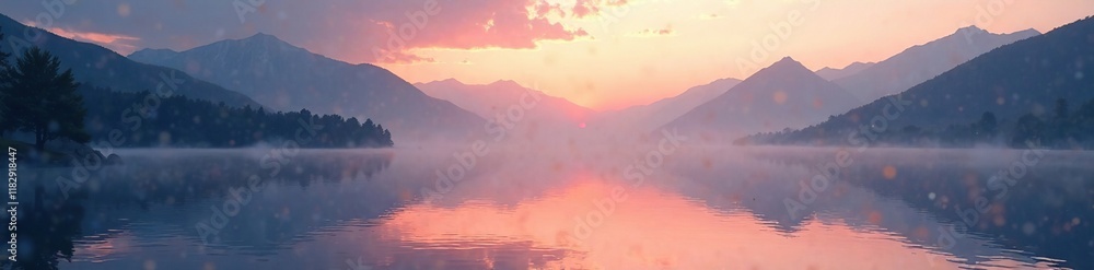 Serene lake at dawn with misty mountains in the background, misty, fog Serene lake at dawn with misty mountains in the background, misty, fog
