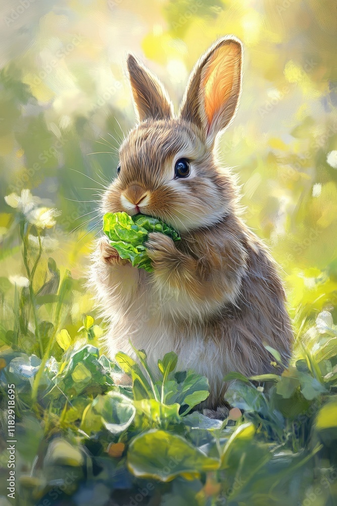 Fototapeta premium A fluffy bunny nibbling on a piece of lettuce in a bright, sunny garden