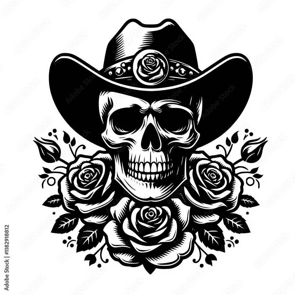 Fototapeta premium Skull wearing a cowboy hat with rose flowers vector illustration