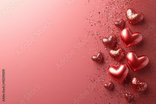 A dreamy scene unfolds as shimmering hearts dance across a soft pink canvas, radiating love and joy with each sparkling detail.