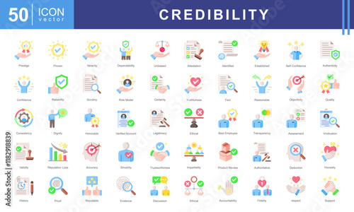 Credibility icon collection set. Containing trustworthiness, reliability, authenticity, integrity, honesty, dependability, accountability icon.