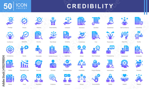 Credibility icon collection set. Containing trustworthiness, reliability, authenticity, integrity, honesty, dependability, accountability icon.