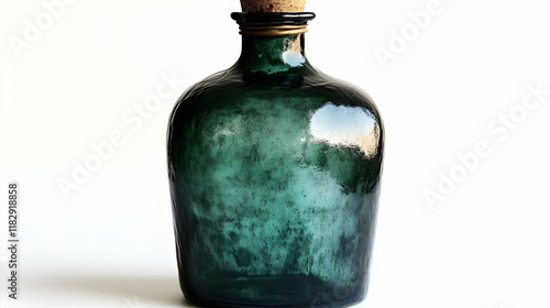 Dark Green Glass Bottle Stands Tall with Cork Stopper on a White Background with Dramatic Lighting