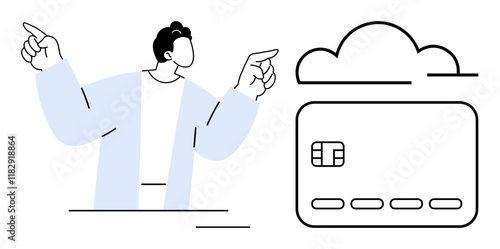 Person in blue jacket pointing towards credit card and cloud, symbolizing digital payment systems and cloud-based banking. Ideal for finance, tech, online transactions, security, IT services, cloud