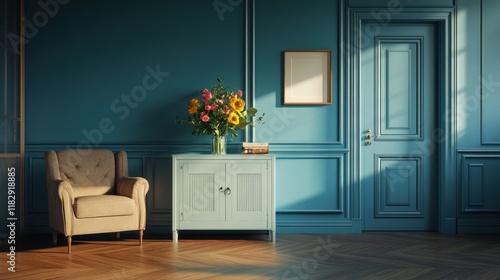 Wallpaper Mural Elegant Teal Room Interior Design with Beige Armchair and Floral Arrangement Torontodigital.ca