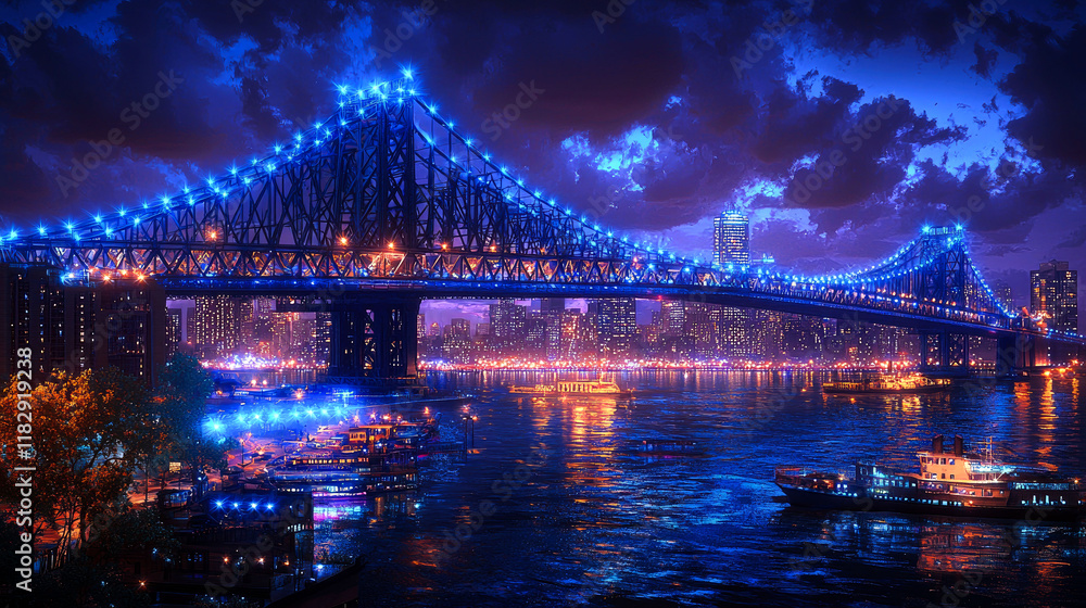 Fototapeta premium Majestic Night Bridge: City Lights and Skyline Reflections