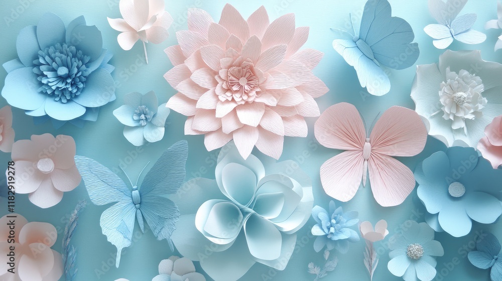 A charming display of pastel paper flowers and butterflies, creating a light, elegant atmosphere perfect for artistic and serene settings. A charming display of pastel paper flowers and butterflies, creating a light, elegant atmosphere perfect for artistic and serene settings.